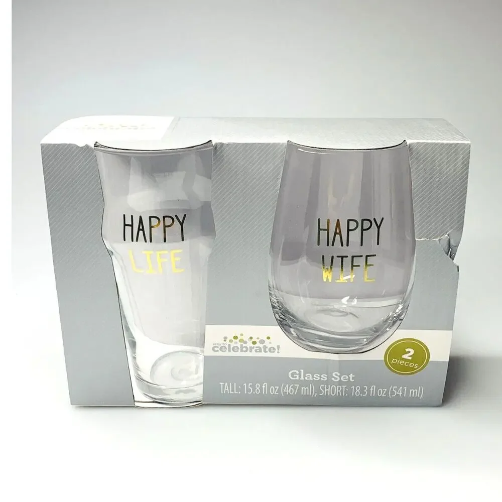 Way to Celebrate Glass Set, Happy Life Happy Wife, Beer and Wine Glass Set